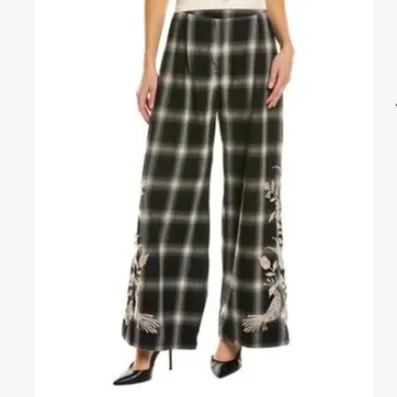 Johnny Was Martina Wide Leg Pants Embroidered Gray Black Plaid Size S - Picture 1 of 6